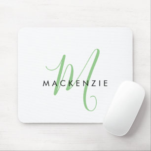 Elegant Modern White Green Script Monogram Mousepad