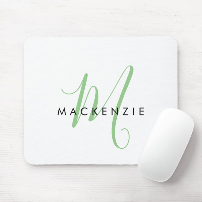 Elegant Modern White Green Script Monogram Mousepad (Mit Mouse)