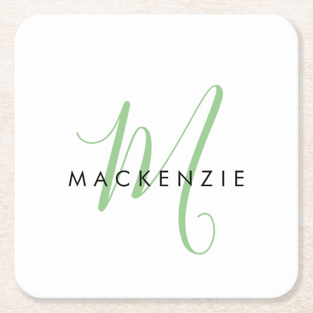 Elegant Modern White Green Script Monogram Rechteckiger Pappuntersetzer (Vorderseite)