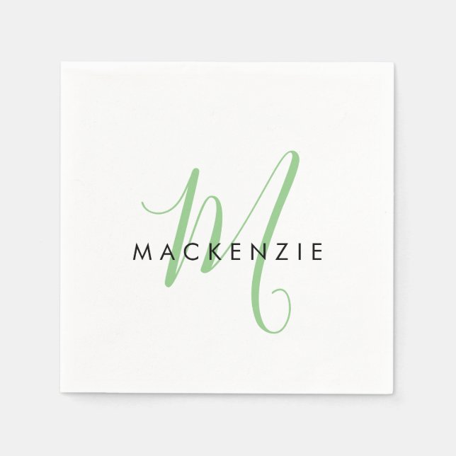 Elegant Modern White Green Script Monogram Serviette (Vorderseite)