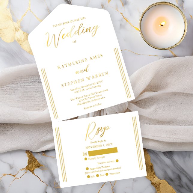 Elegant Modern White Minimalist Wedding All-in-One-Einladung (Elegant Modern White Minimalist Wedding All in One Gold Foil (inside--See Description) Invitation)