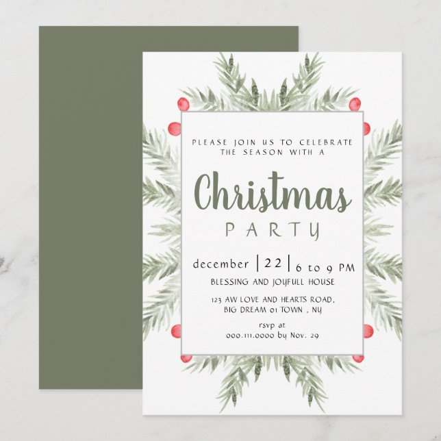 Elegant Modern Winter Greenery Christmas Party Einladung (Vorne/Hinten)