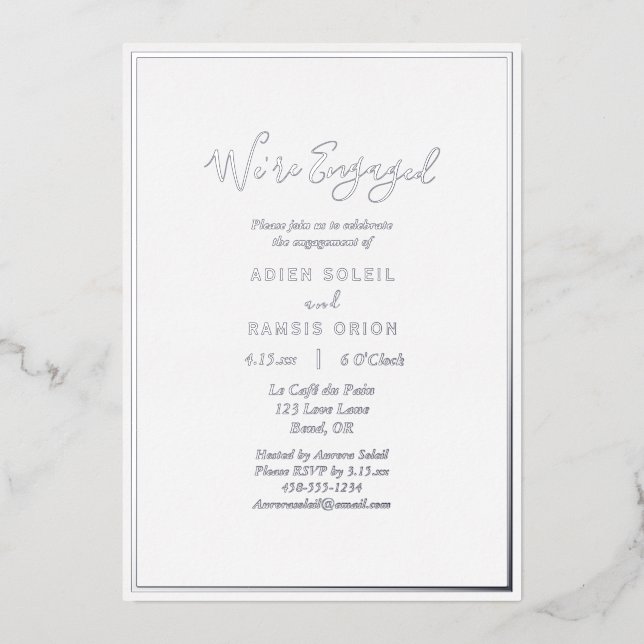 Elegant Modern Wir sind Verlobte Verlobung Silber Folieneinladung (Vorderseite)