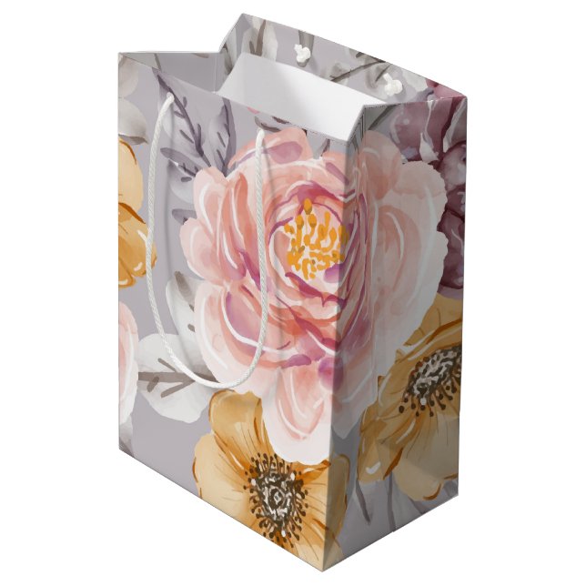 Elegant Moderne rosa Flora   Mittlere Geschenktüte (Rückseite Schrägansicht)