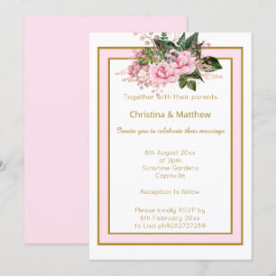 ELEGANT MODERNE ROSA WEIßGOLD BLUMENHOCHZEIT EINLADUNG