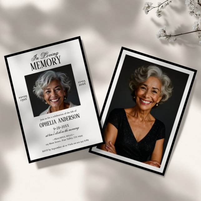 Elegant Moderne Schwarz & Weiß 2-Foto Beerdigung Einladung (Von Creator hochgeladen)