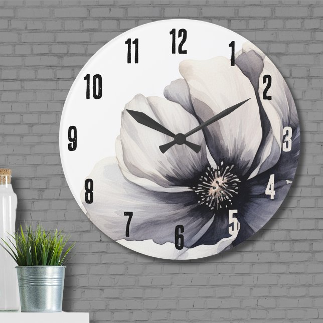 Elegant Moderne Schwarz-weiße Blumen Große Wanduhr (Flower Modern Minimalist Boho Black White Floral Large Clock)