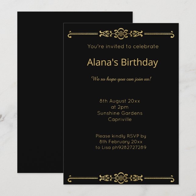 ELEGANT MODERNE SCHWARZE GOLDGRENZE EINLADUNG (Vorne/Hinten)