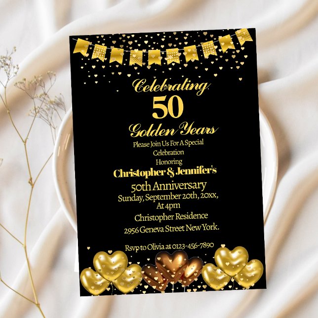 Elegant Modernes Black&Gold 50. Hochzeitstag Einladung (Von Creator hochgeladen)