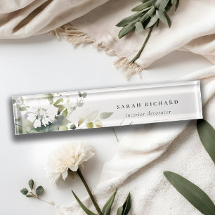 Elegant Modernes Boho Abstrakt grüne weiße Blüte Namensplakette