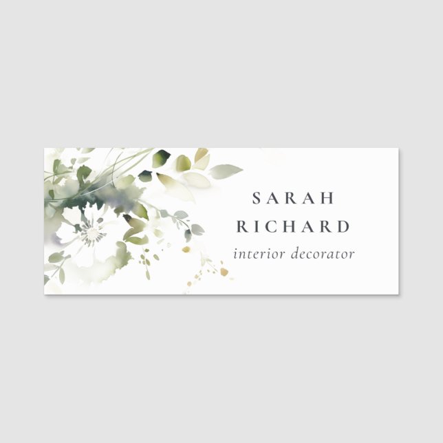 Elegant Modernes Boho Abstrakt grüne weiße Blüte Namensschild (Vorderseite)