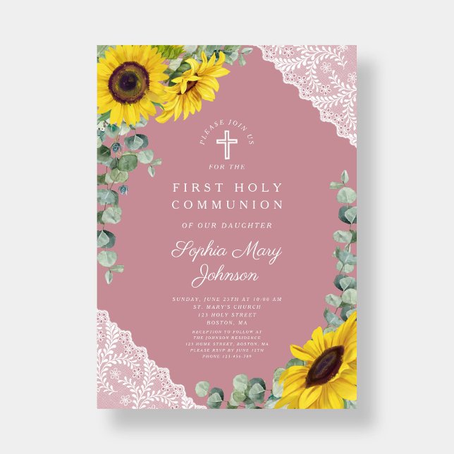 Elegant Modernes Rosa Blumenkreuz Erste Kommune Einladung (Elegant Modern Pink Floral Cross First Communion Invitation)