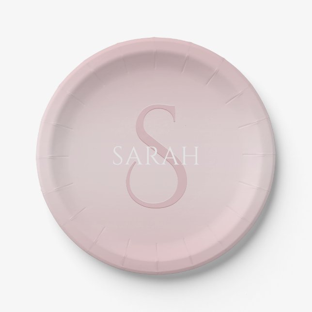 Elegant Modernes Rosa Ombre Name & Monogram Pappteller (Vorderseite)