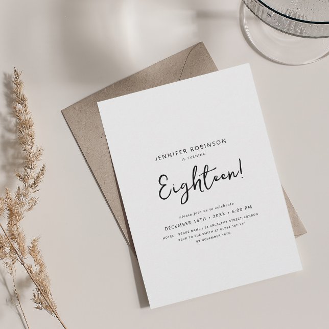 Elegant Modernes Script 18. Geburtstag Schwarz & W Einladung (Elegant Modern Script 18th Birthday Black & White Invitation)