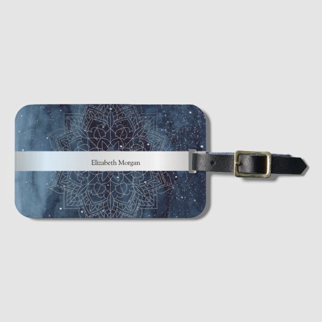 Elegant Modernes Silver Mandala Stripe Navy Blue Gepäckanhänger (Vorderseite (Horizontal))