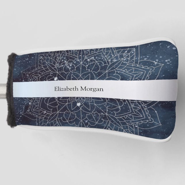 Elegant Modernes Silver Mandala Stripe Navy Blue Golf Headcover (Vorderseite)