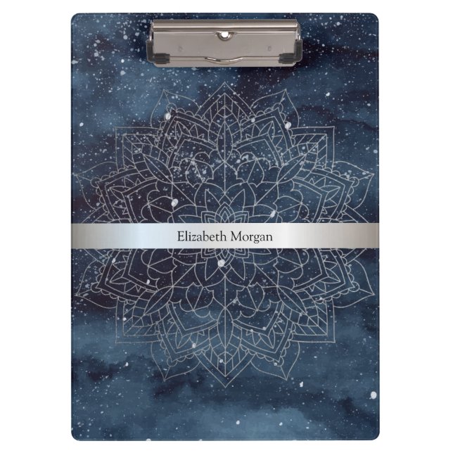 Elegant Modernes Silver Mandala Stripe Navy Blue Klemmbrett (Vorderseite)