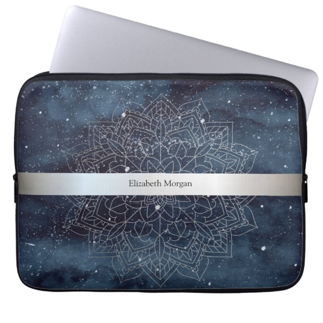 Elegant Modernes Silver Mandala Stripe Navy Blue Laptopschutzhülle (Vorderseite)