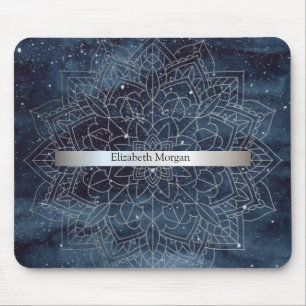 Elegant Modernes Silver Mandala Stripe Navy Blue Mousepad