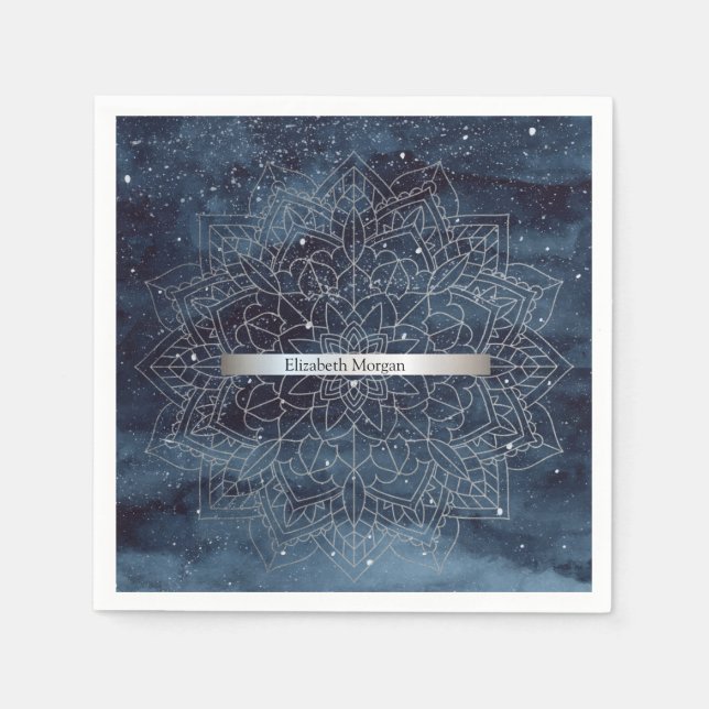 Elegant Modernes Silver Mandala Stripe Navy Blue Serviette (Vorderseite)