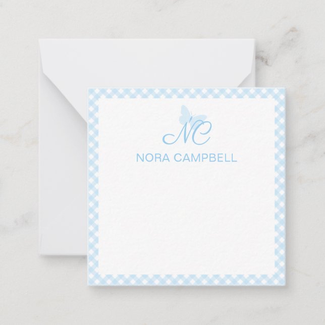 Elegant Monogram Baby Blue Gingham Personalisiert Mitteilungskarte (Vorderseite)
