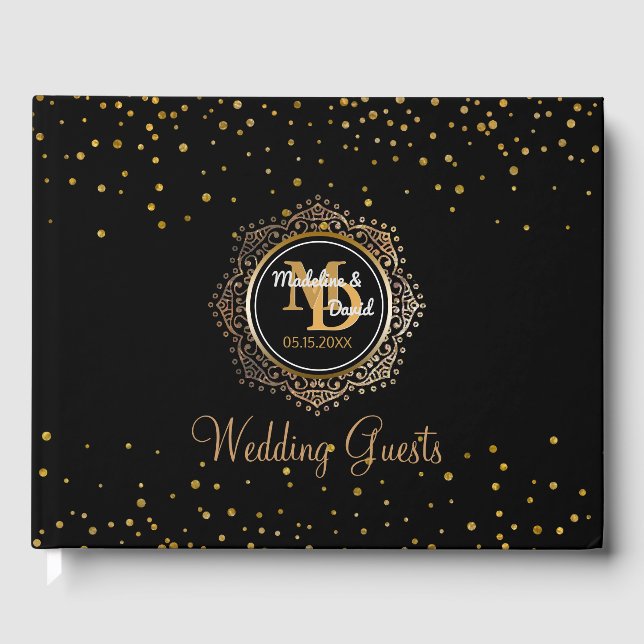 Elegant Monogram | Black Gold Confetti Wedding Gästebuch (Vorderseite)