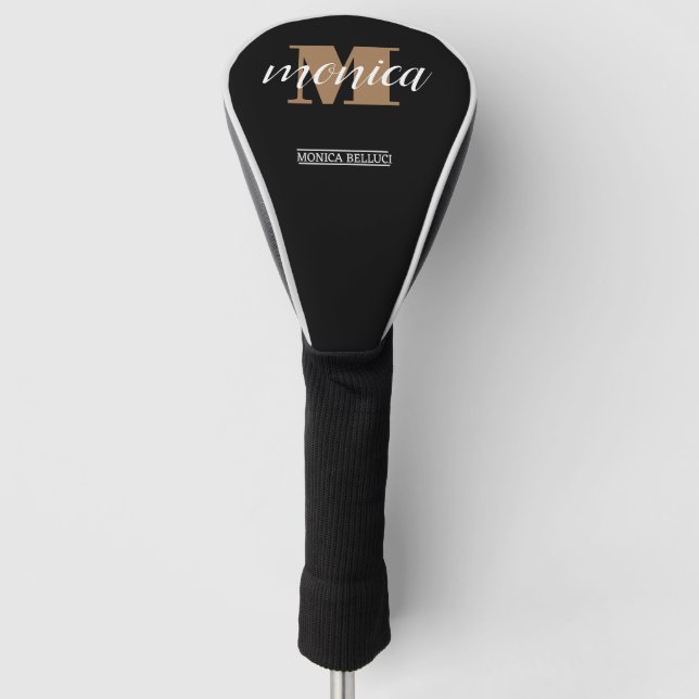 Elegant Monogram Black Gold Script minimal Golf Headcover (Vorderseite)
