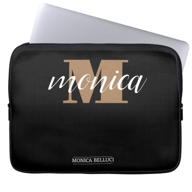 Elegant Monogram Black Gold Script minimal Laptopschutzhülle (Vorderseite)