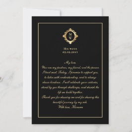 Elegant Monogram Black Gold Wedding Vow Card Einladung
