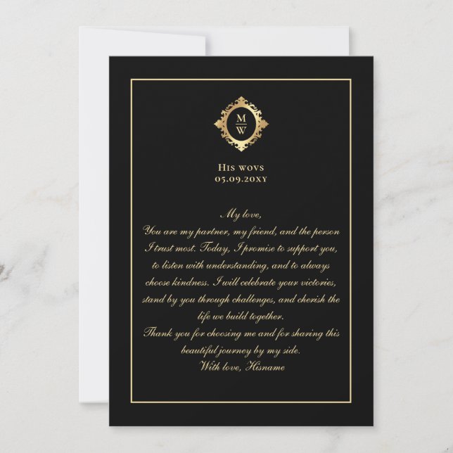 Elegant Monogram Black Gold Wedding Vow Card Einladung (Vorderseite)