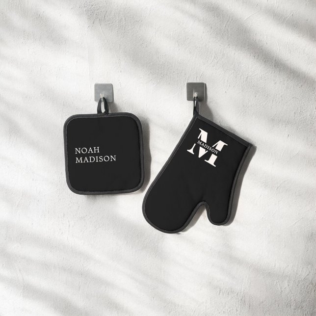 Elegant Monogram Black Ofenhandschuh & Topflappen-Set (Von Creator hochgeladen)