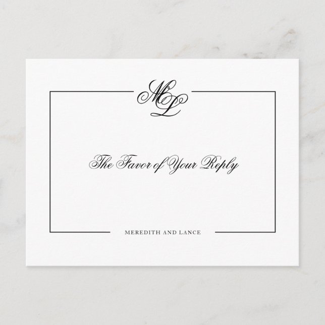 Elegant Monogram Black Script Wedding Antwort Einladungspostkarte (Vorderseite)