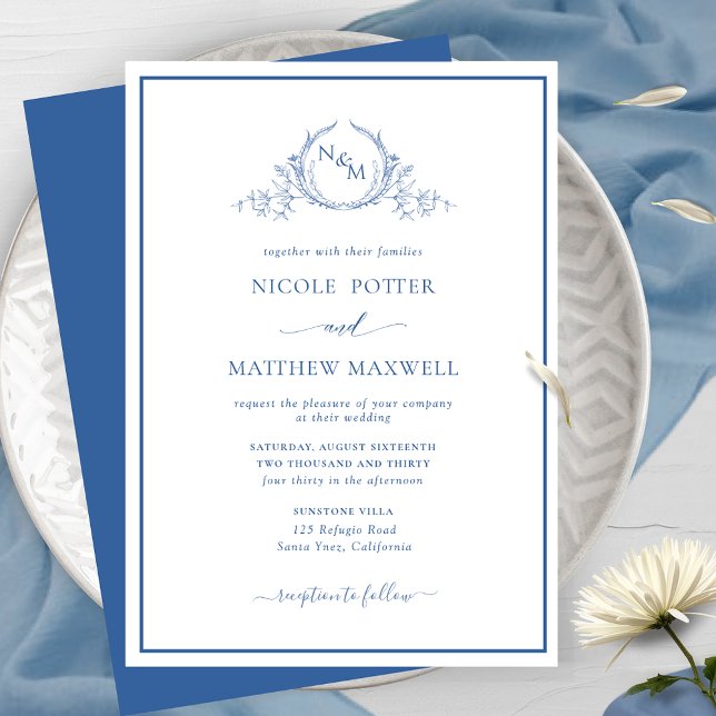 Elegant Monogram Blue Wedding Einladung (Von Creator hochgeladen)