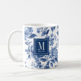 Elegant Monogram Blue White Floral Rose Kaffeetasse