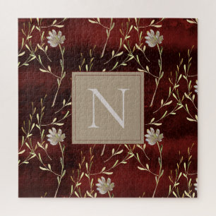 Elegant Monogram Burgundy Marsala Floral Puzzle