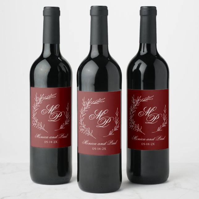Elegant Monogram burgundy wine label Weinetikett (Flaschen)