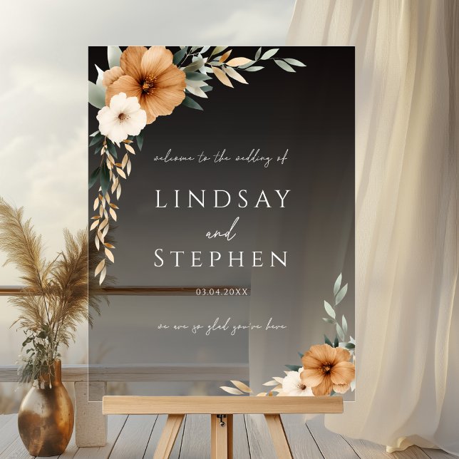 Elegant Monogram Copper Earthy Black Wedding Acrylschild (Custom Elegant Monogram Copper Earthy Botanical Wedding Acrylic Sign with your Names & Date)