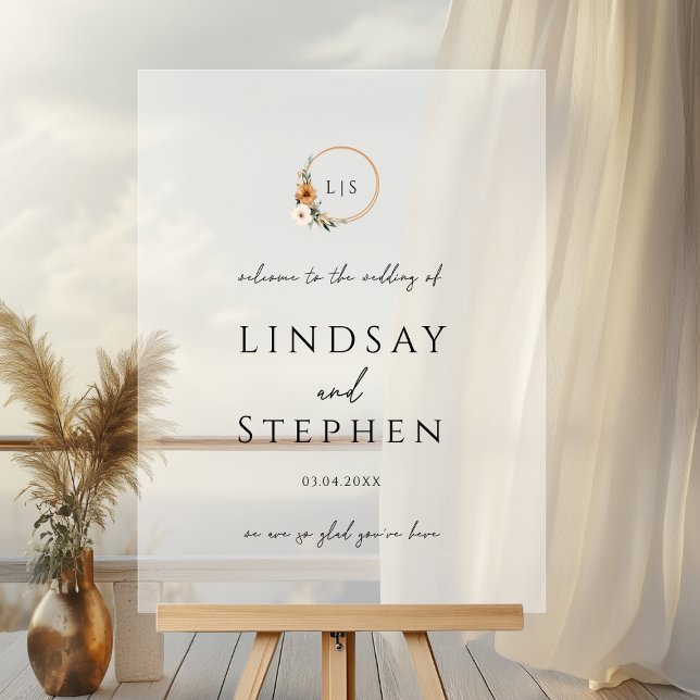 Elegant Monogram Copper Earthy Botanical Wedding Acrylschild (Custom Elegant Monogram Copper Earthy Botanical Wedding Acrylic Sign with your Names & Date)