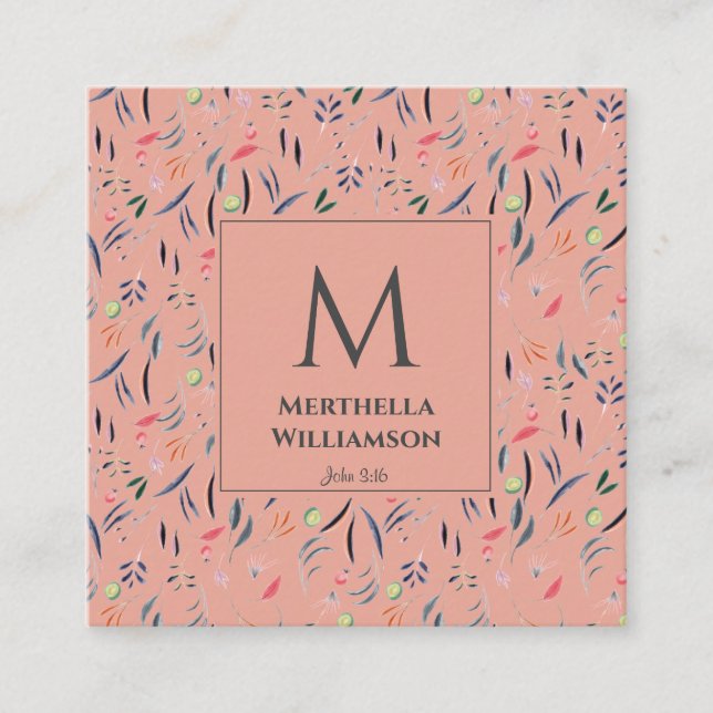 Elegant MONOGRAM Coral Pink Floral Quadratische Visitenkarte (Vorderseite)
