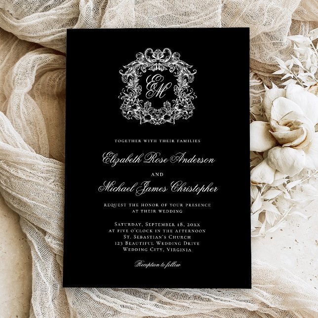 Elegant Monogram Crest Black Wedding Einladung (Von Creator hochgeladen)