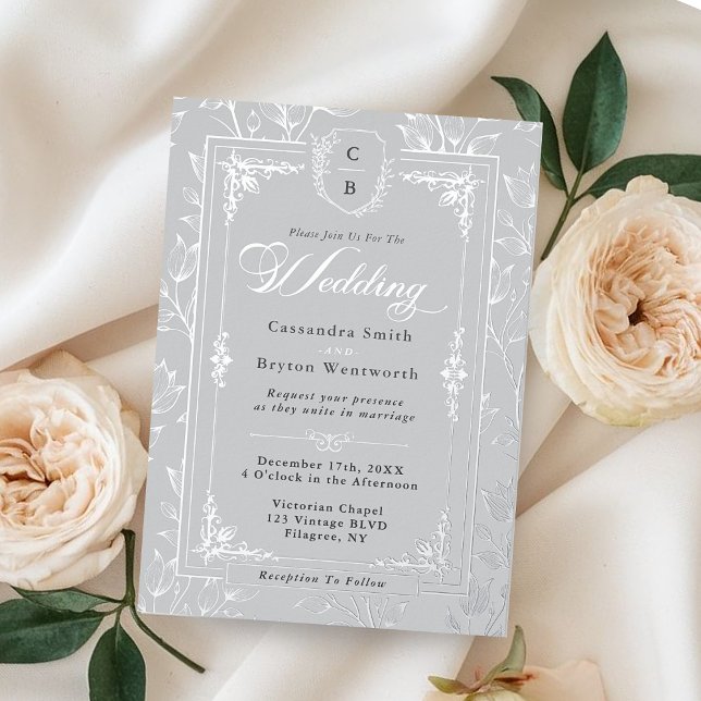 Elegant Monogram Crest Gray Silver Frame Wedding  Folieneinladung (Elegant Monogram Crest Gray Silver Frame Wedding Foil Invitation)