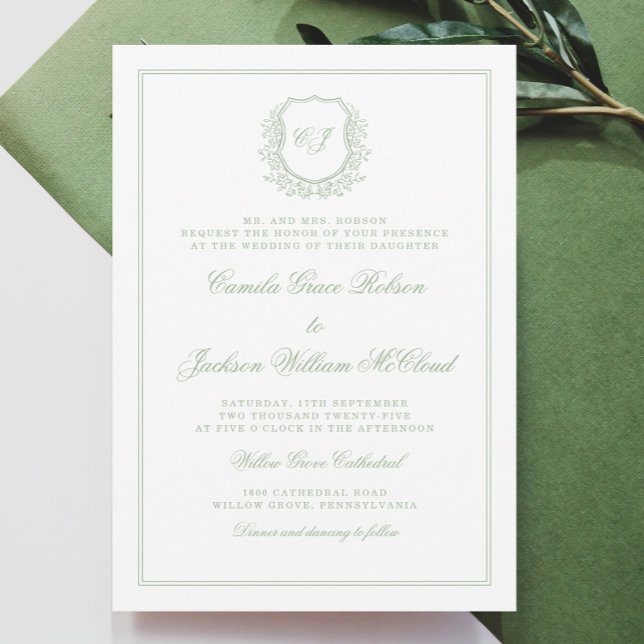 Elegant Monogram Crest Sage Green Wedding Einladung (Von Creator hochgeladen)