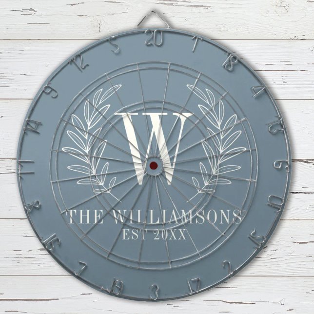 Elegant Monogram Dusty Blue Family Name Dartscheibe (An elegant dusty blue laurel leaf monogram Dartboard. Personalize it with you Initial and name.)