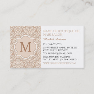 Elegant Monogram Feminine Tan Damask Haar Salon Visitenkarte