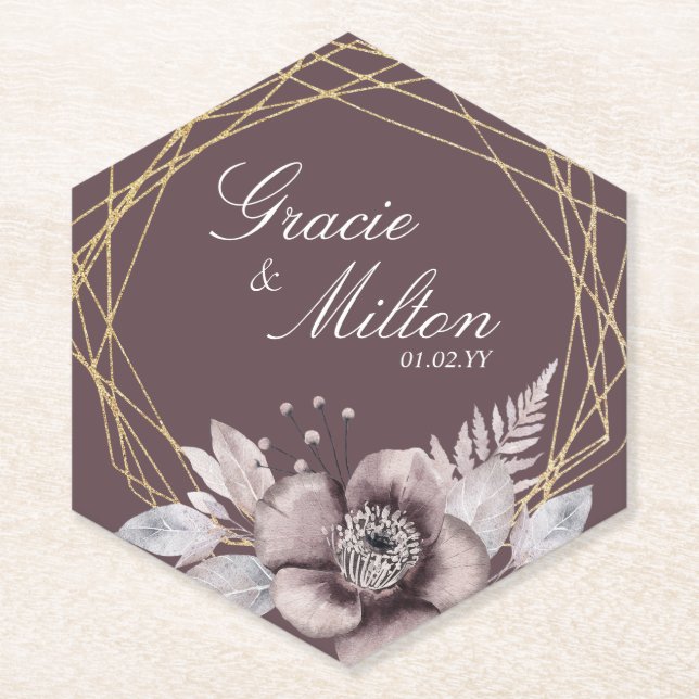 Elegant Monogram Floral Mauve Wedding Untersetzer (Vorderseite)