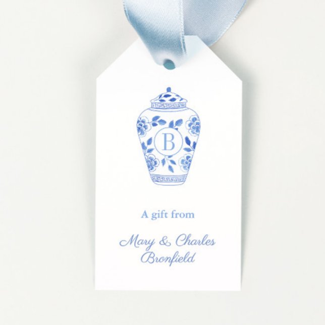 Elegant Monogram Ginger Jar Hostess Geschenkanhänger (Hand painted in watercolor blue and white ginger jar with monogram hostess gift tags)