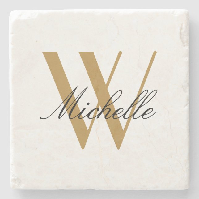 Elegant Monogram Gold Stilvolle Namensschrift Steinuntersetzer (Vorderseite)