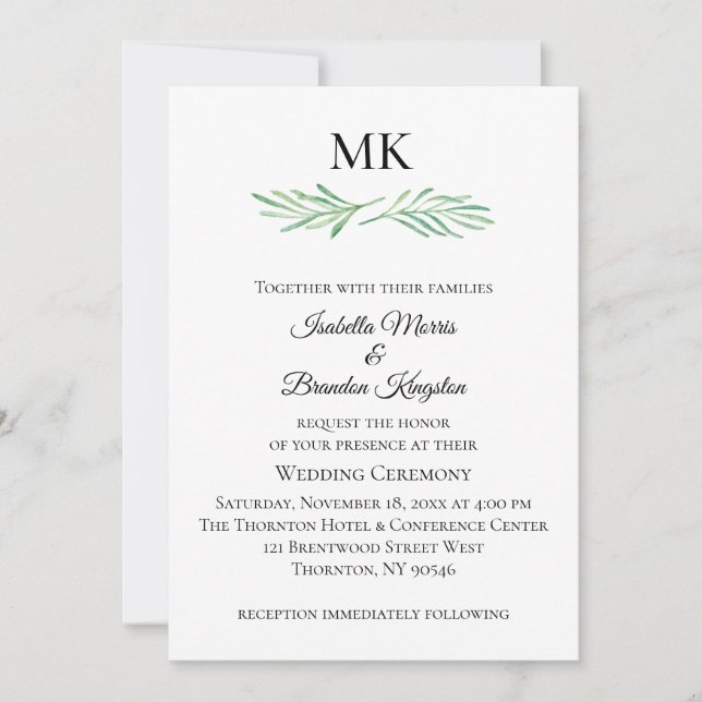 Elegant Monogram Greenering Wedding Einladung (Vorderseite)