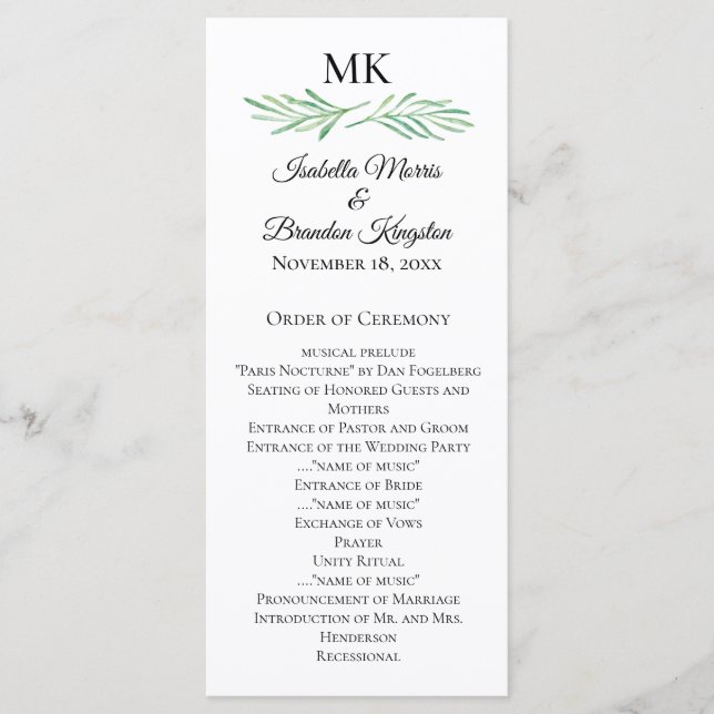 Elegant Monogram Greenerity Wedding Program Menükarte (Vorderseite)