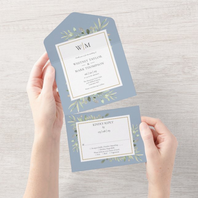 Elegant Monogram Greenery Dusty Blue Wedding All In One Einladung (Abreißen)
